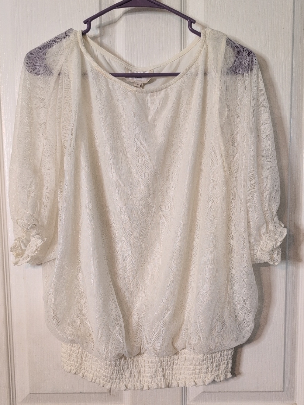 NWT, ECI New York Cream Lace Overlay Short Sleeve Blouse – L